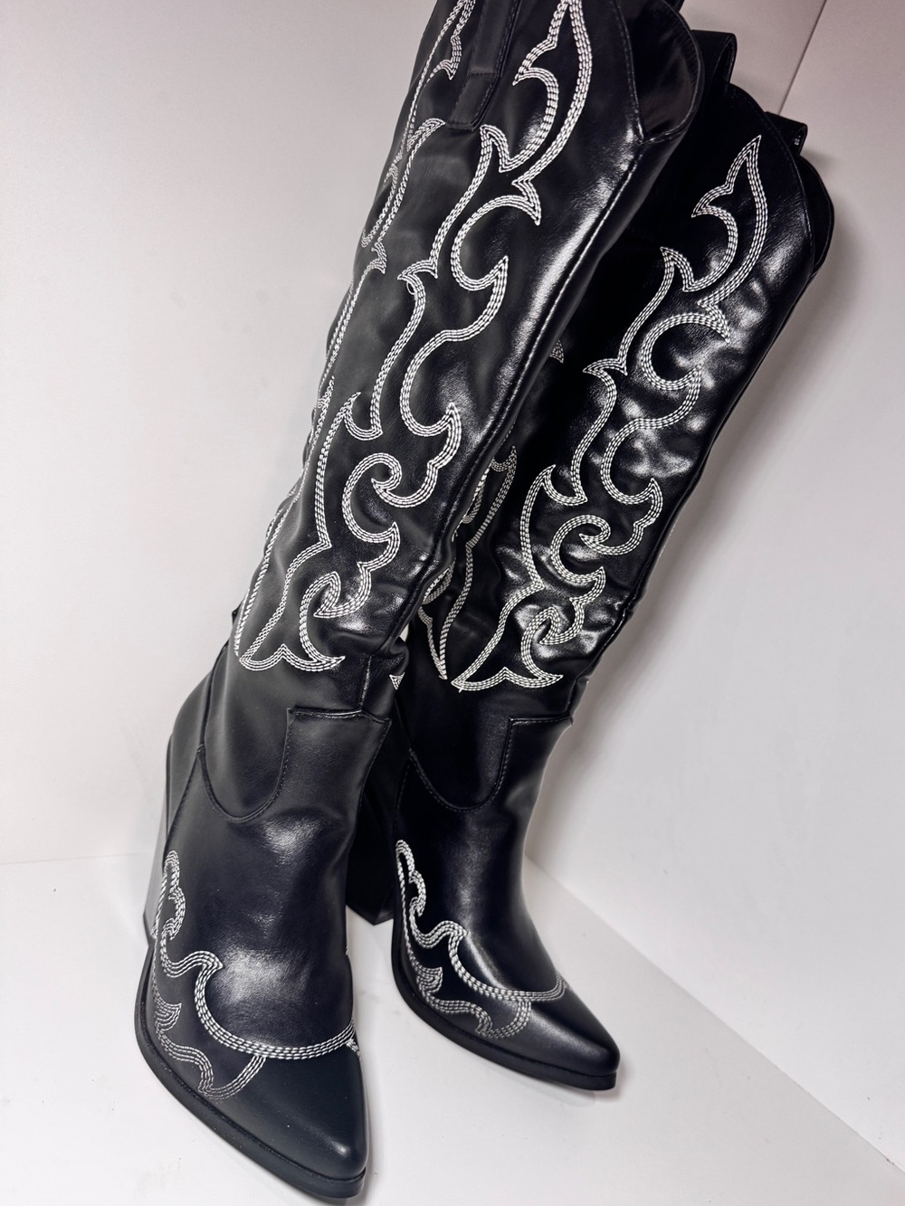 PrettyLittleThing Black Knee-High Embellished Western Boots